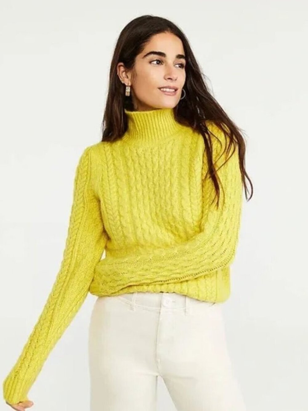 Ann Taylor Wool Blend Cable Knit Turtleneck Puff Sleeve Sweater Chartreuse Med